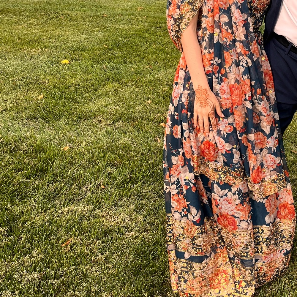 Navy and coral with gold floral lehenga